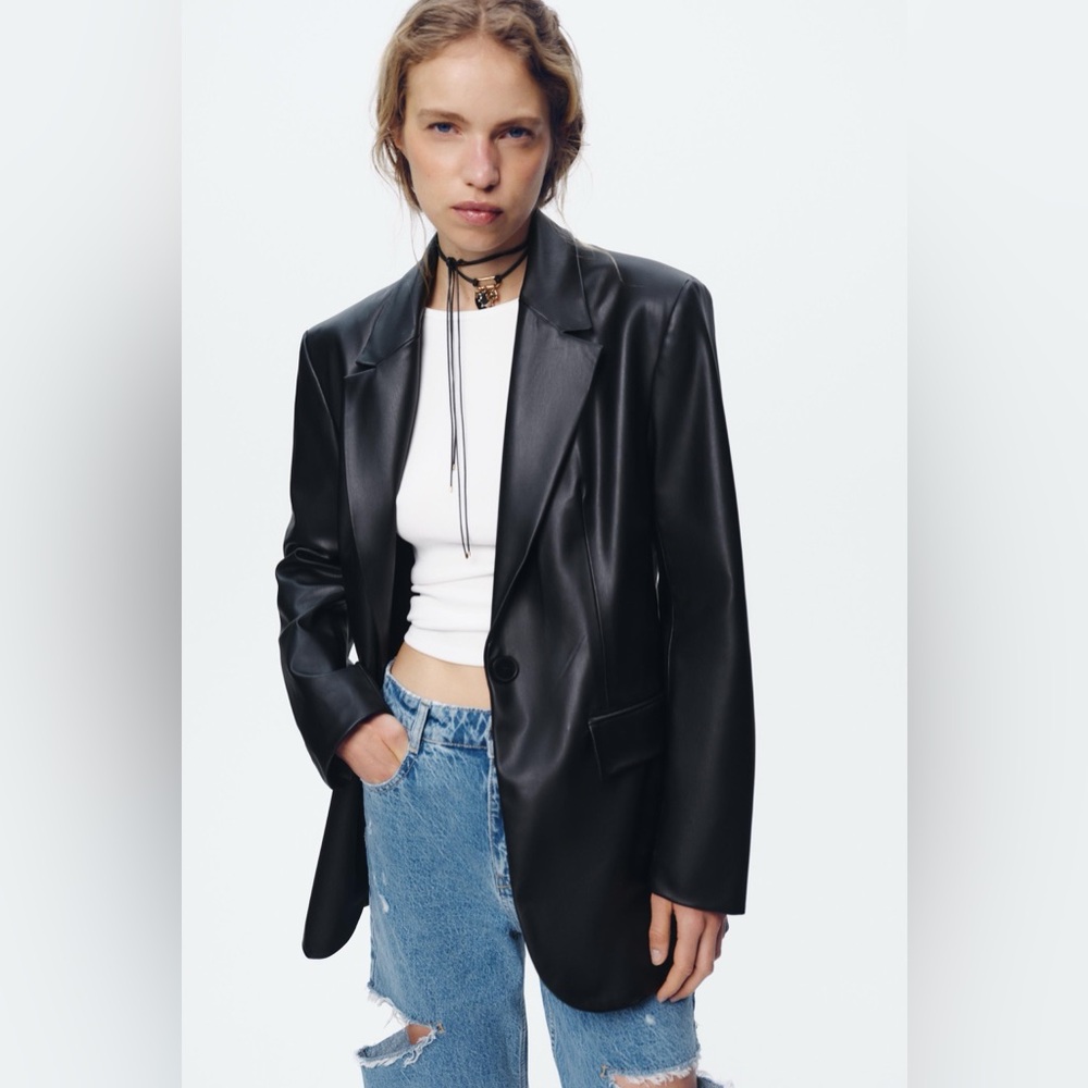 NWT Zara Woman Black Faux Leather Lightly Lined Blazer Jacket Size L Large